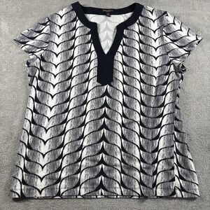 Dana Buchman Top Black White Blouse Embellished V-Neck Short Sleeve Women's XL